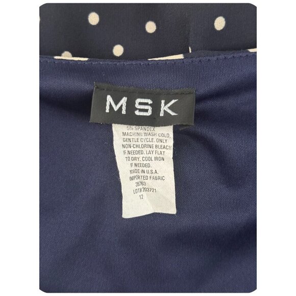 MSK A-Line Dress Tan Polka Dot on Navy Blue Empire Waist Women's Size 12 - Picture 3 of 7